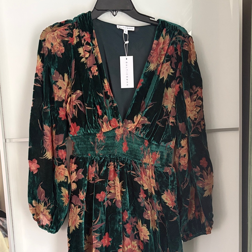 Green and Red Floral Velvet Dress